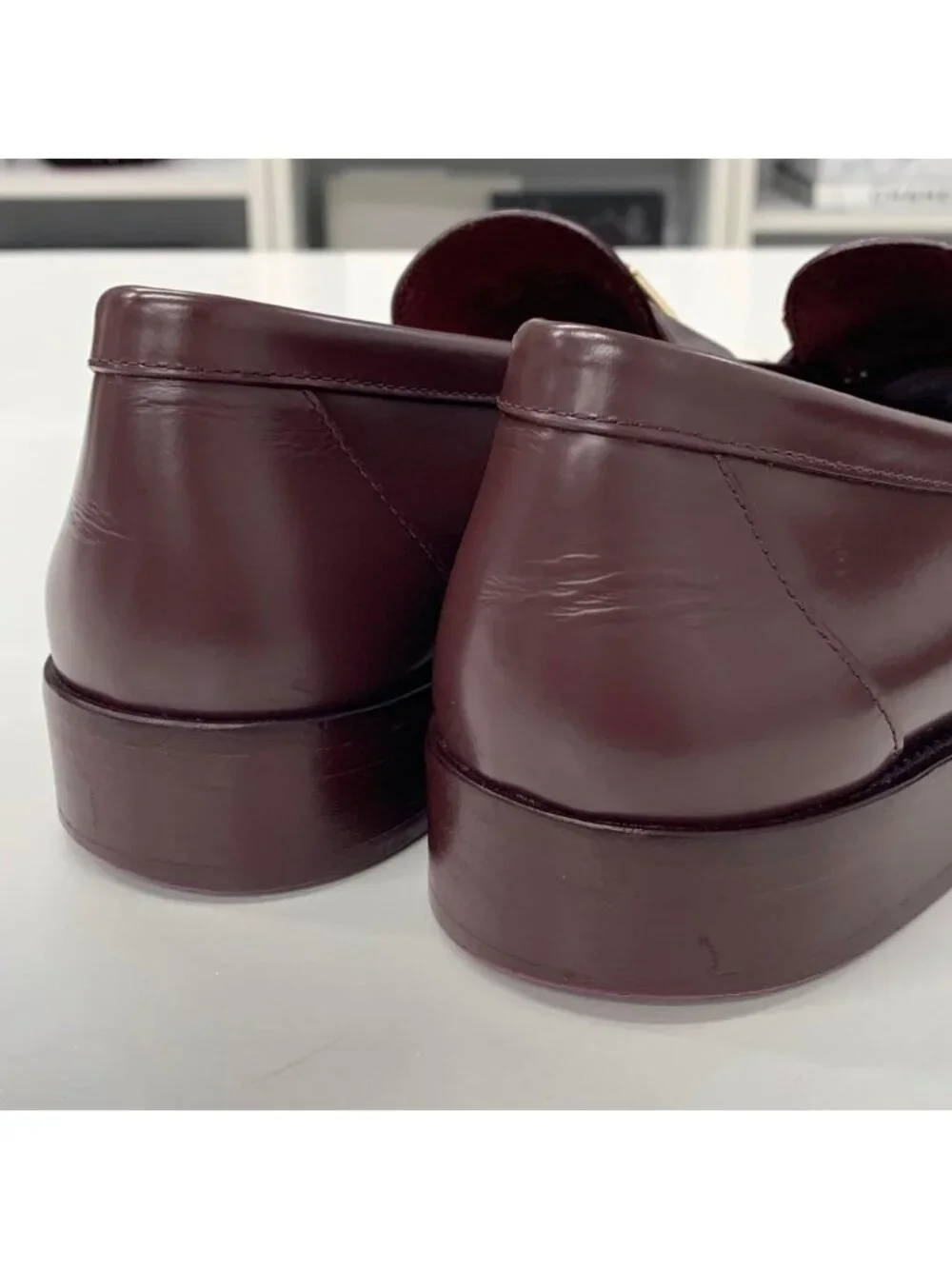 Chanel CC Logo Leather Loafers Burgundy White